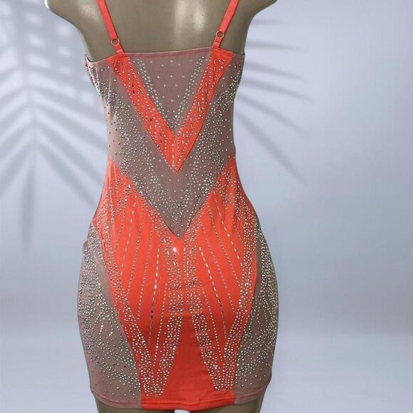β¨ Orange Rhinestone Mesh Mini Dress - Picture 3 of 5